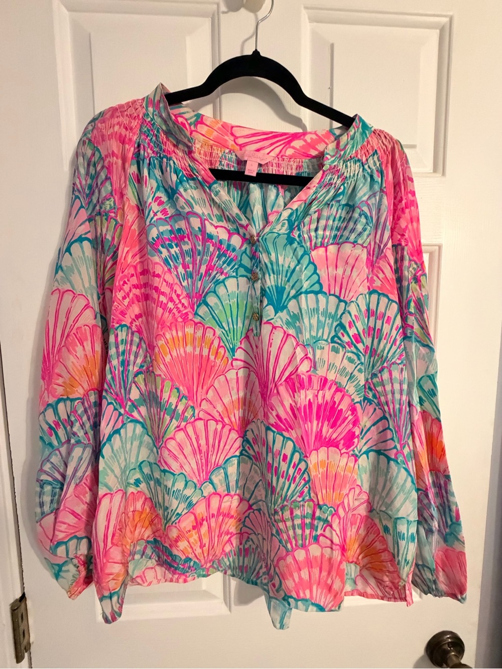 Lilly Pulitzer Pink Multi Shell-Print Peasant Top